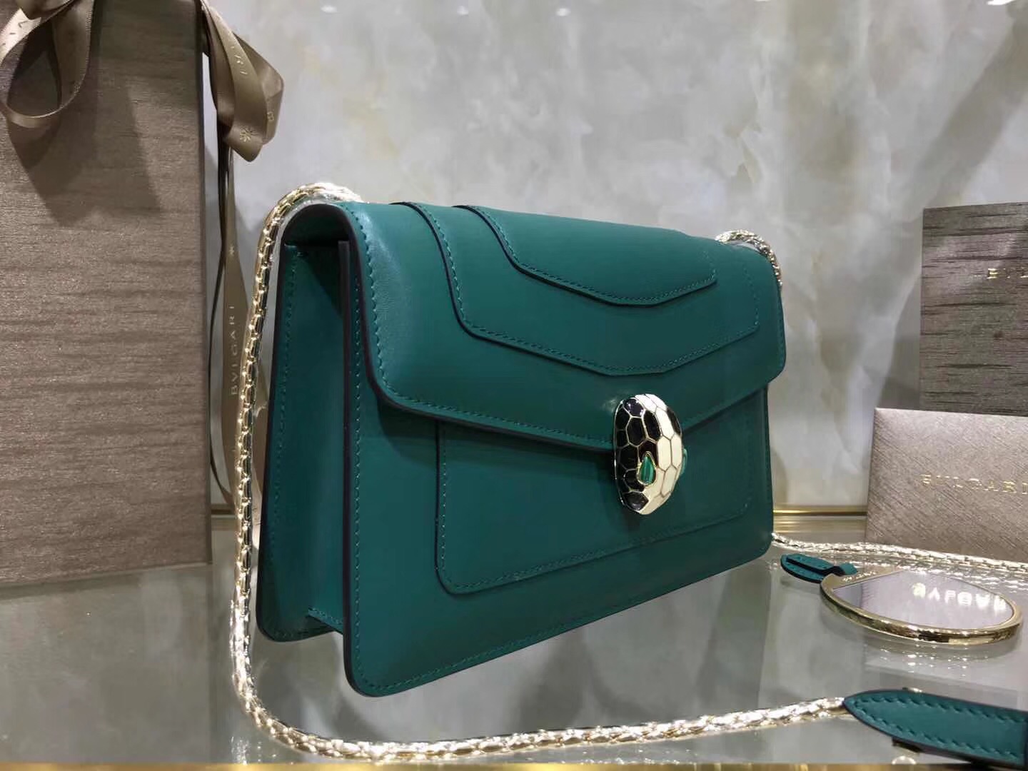 Bv1g*ai serpenti forever shoulder bag calfskin leater forest green 38102 22 x 13 x 6 cm