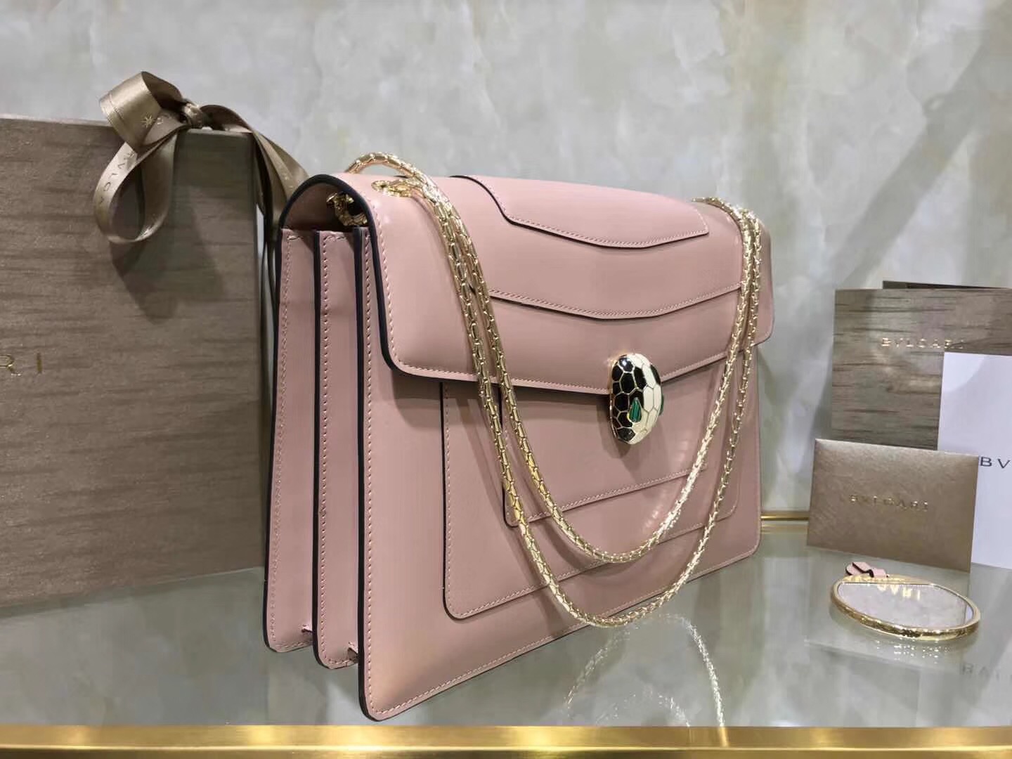 Bv1g*ai serpenti forever shoulder bag leather pink beige 280153 28 x 19 x 8 cm