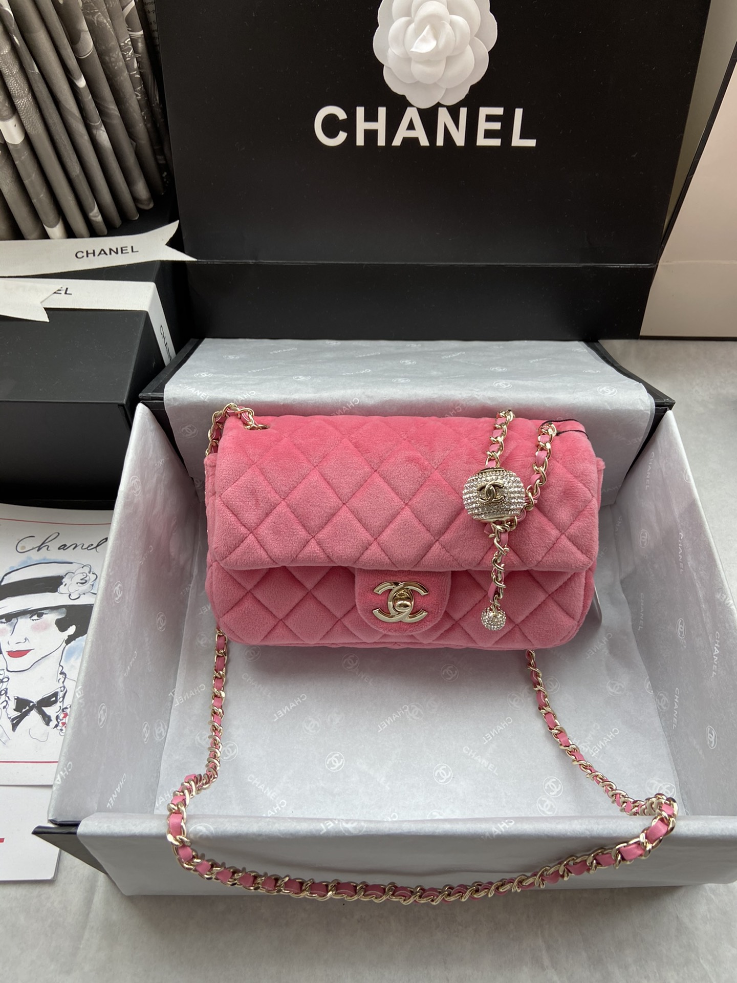 Ch**el charm strap flap bag velvet pink as1787 20 cm
