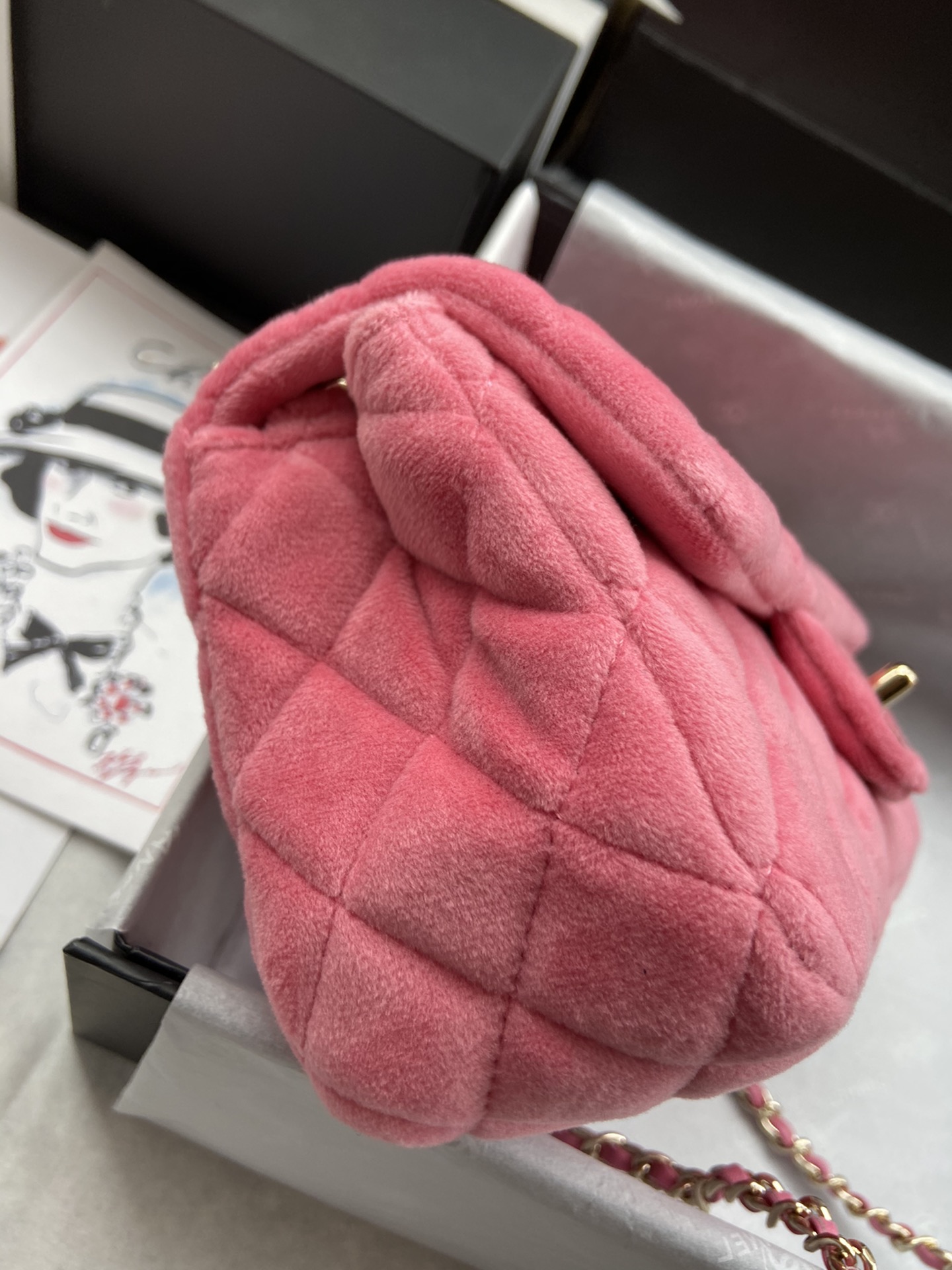 Ch**el charm strap flap bag velvet pink as1787 20 cm