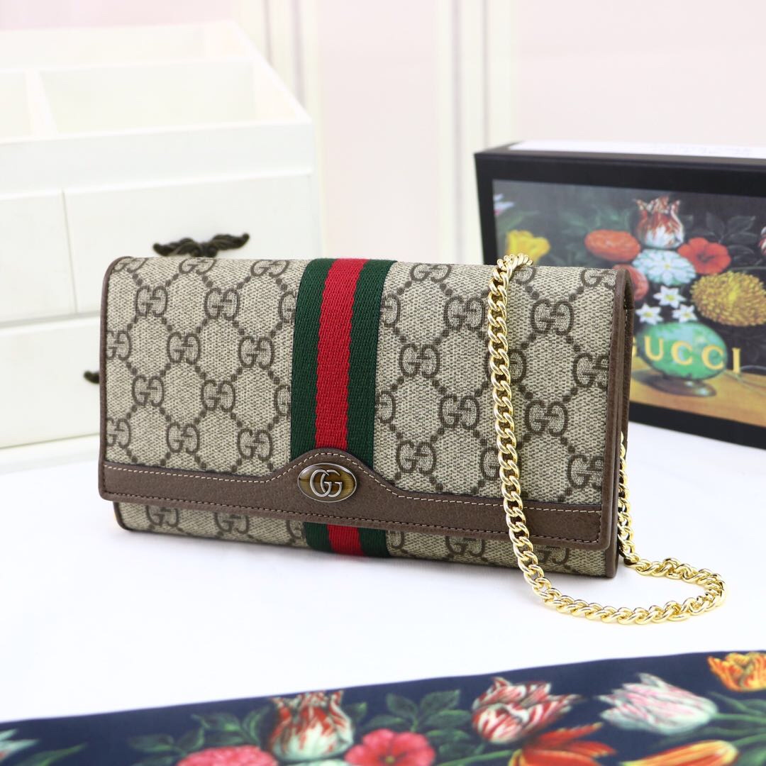 Gvc*1 ophidia gg chain wallet ebony gg svp*me canvas and beige 546592 19 x 10 x  3.5 cm