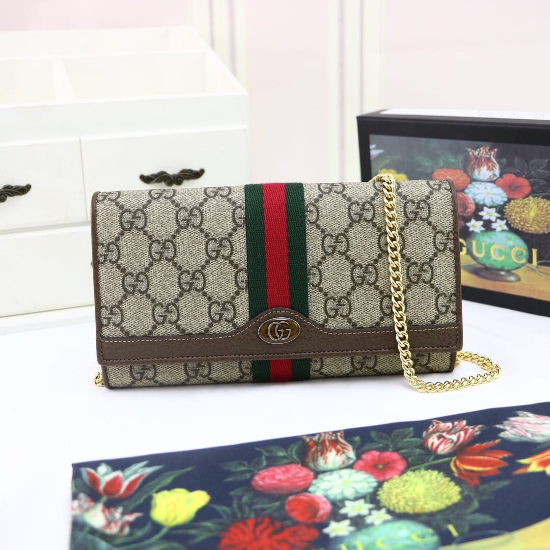 Gvc*1 ophidia gg chain wallet ebony gg svp*me canvas and beige 546592 19 x 10 x  3.5 cm