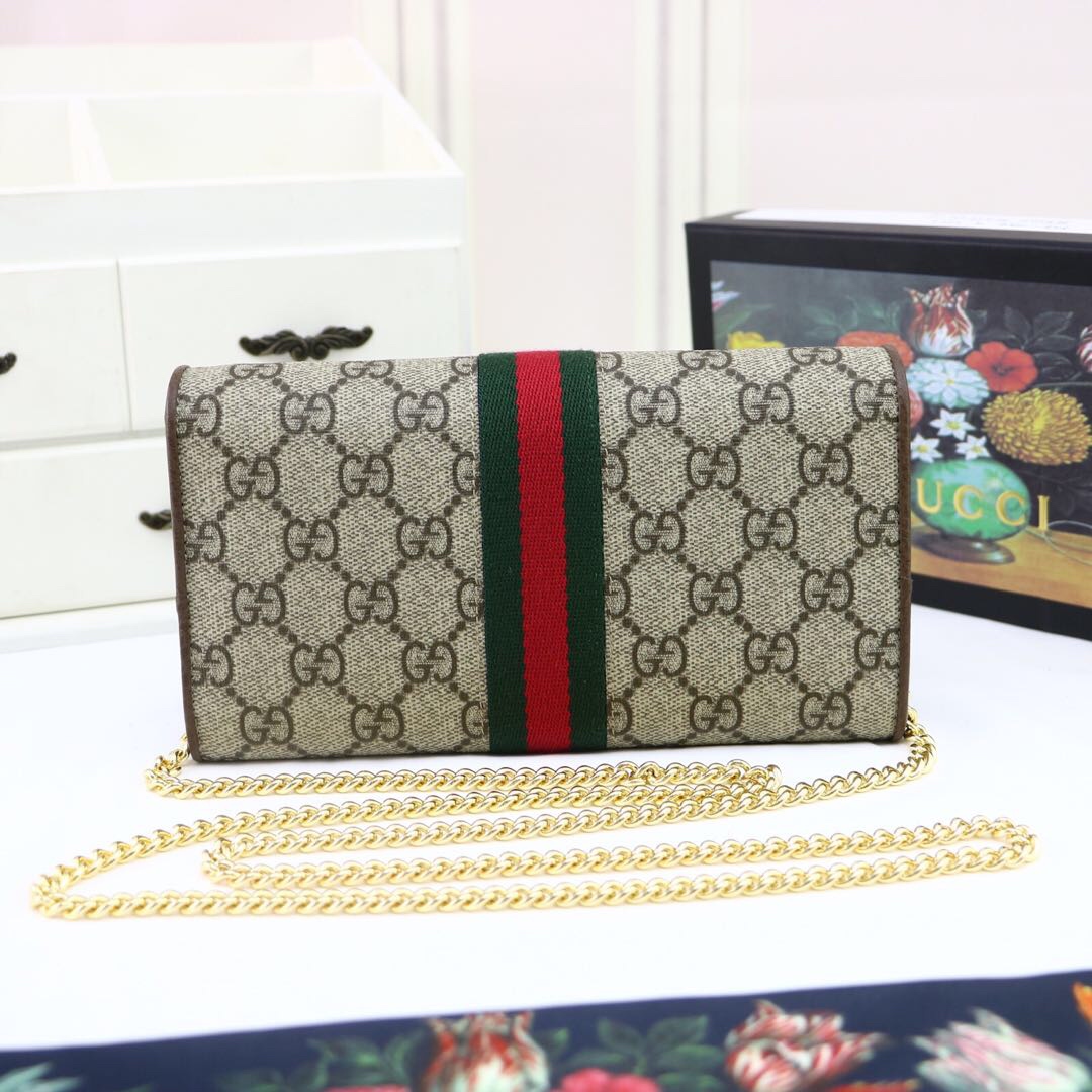 Gvc*1 ophidia gg chain wallet ebony gg svp*me canvas and beige 546592 19 x 10 x  3.5 cm