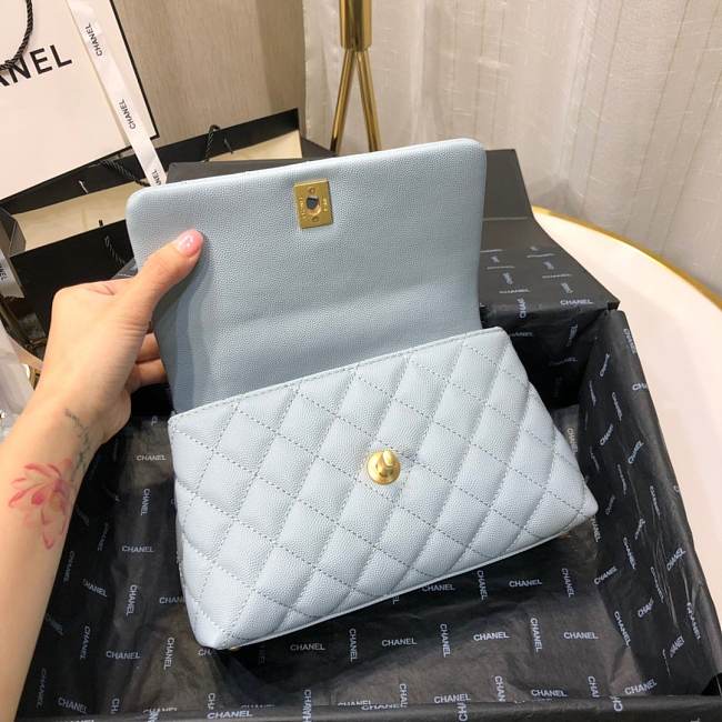 Ch**el mini coco grained calfskin with handle light blue a92990 23.5 x 13.75 x 9.75 cm