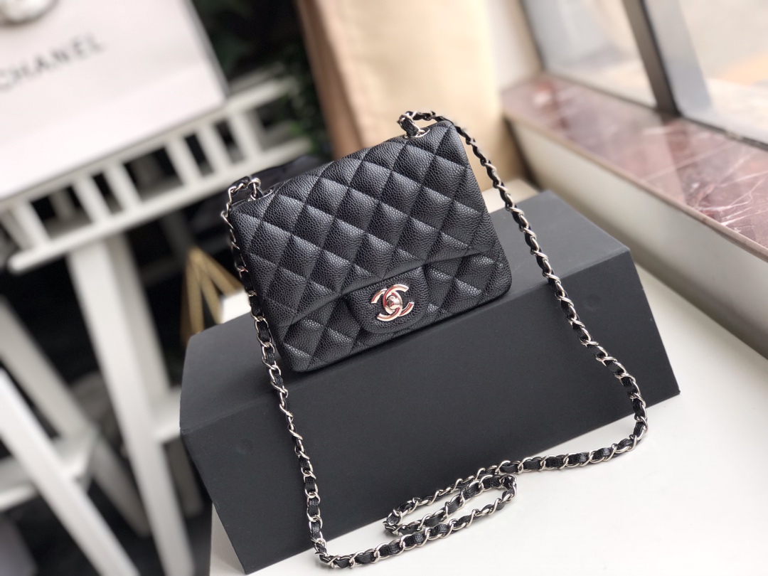 Ch**el mini flap bag caviar silver metal black a35200 17cm