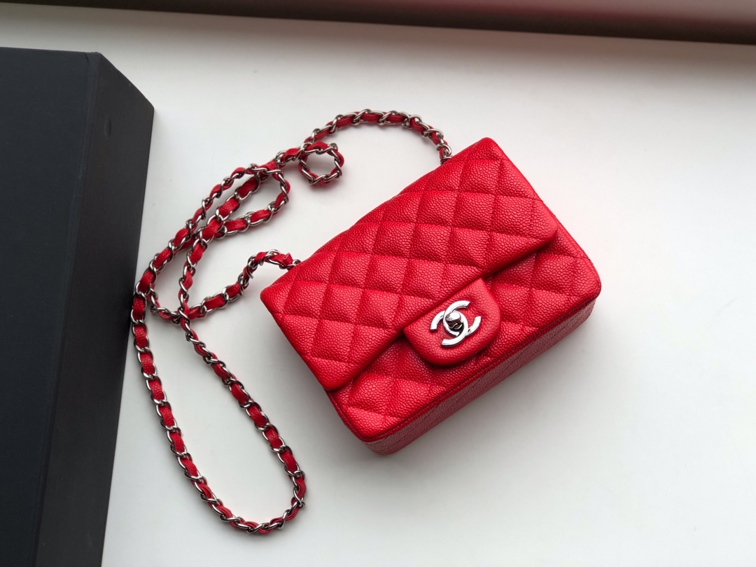 Ch**el mini flap bag caviar silver metal red a35200 17cm