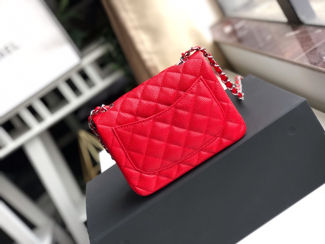 Ch**el mini flap bag caviar silver metal red a35200 17cm