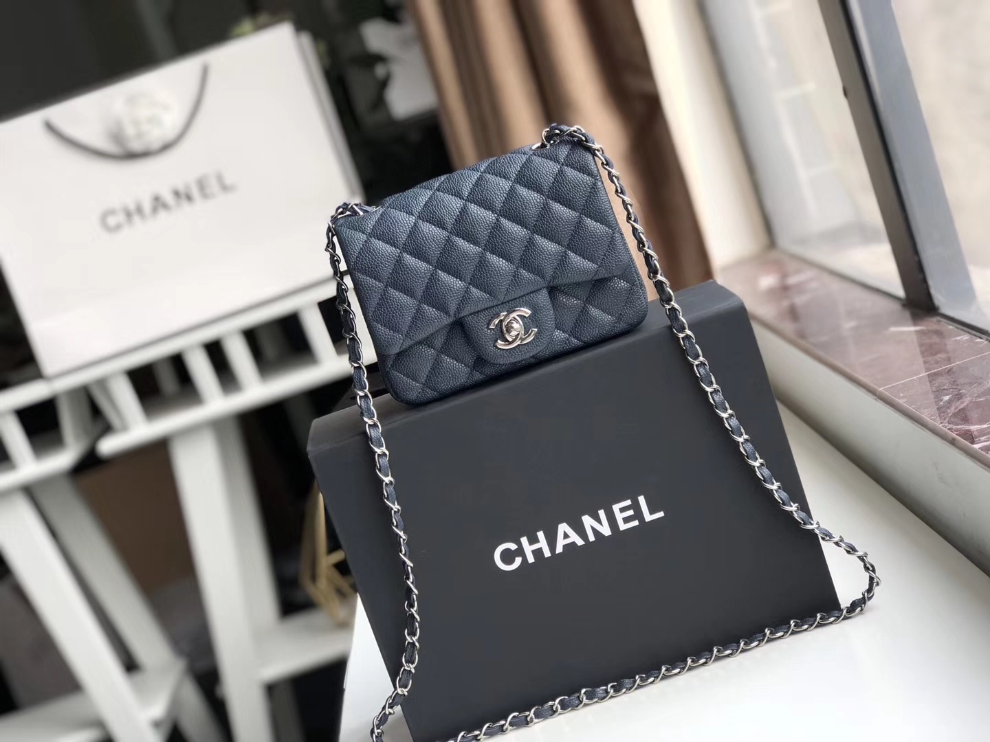 Ch**el mini flap bag caviar silver metal dark blue a35200 17cm