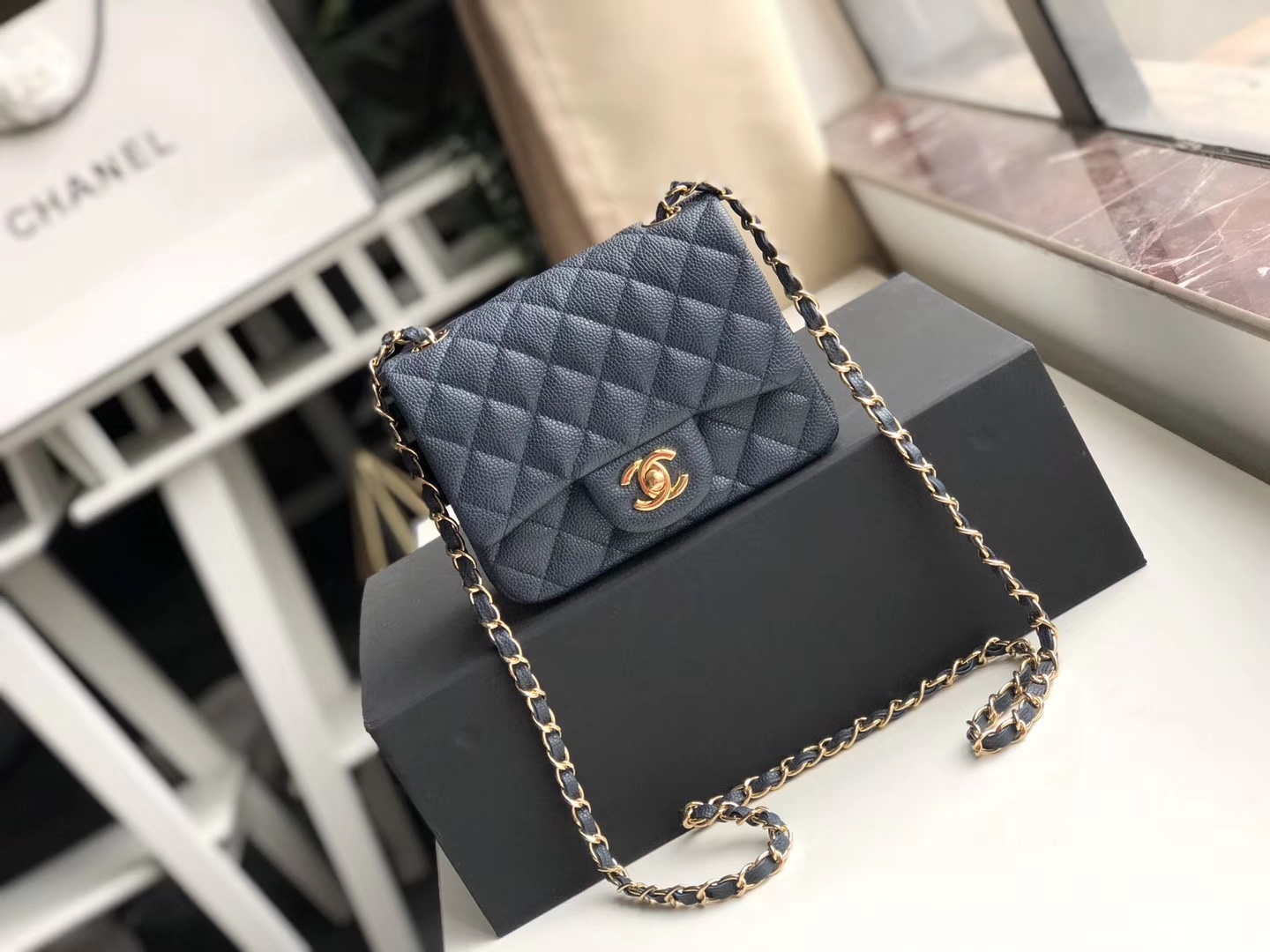 ch**el mini flap bag caviar G01den metal dark blue a35200 17cm