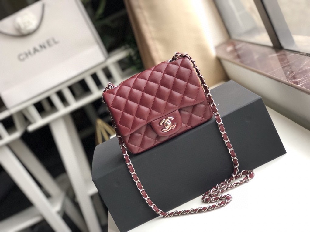 Ch**el mini flap bag lambskin silver metal burgundy a35200 17cm