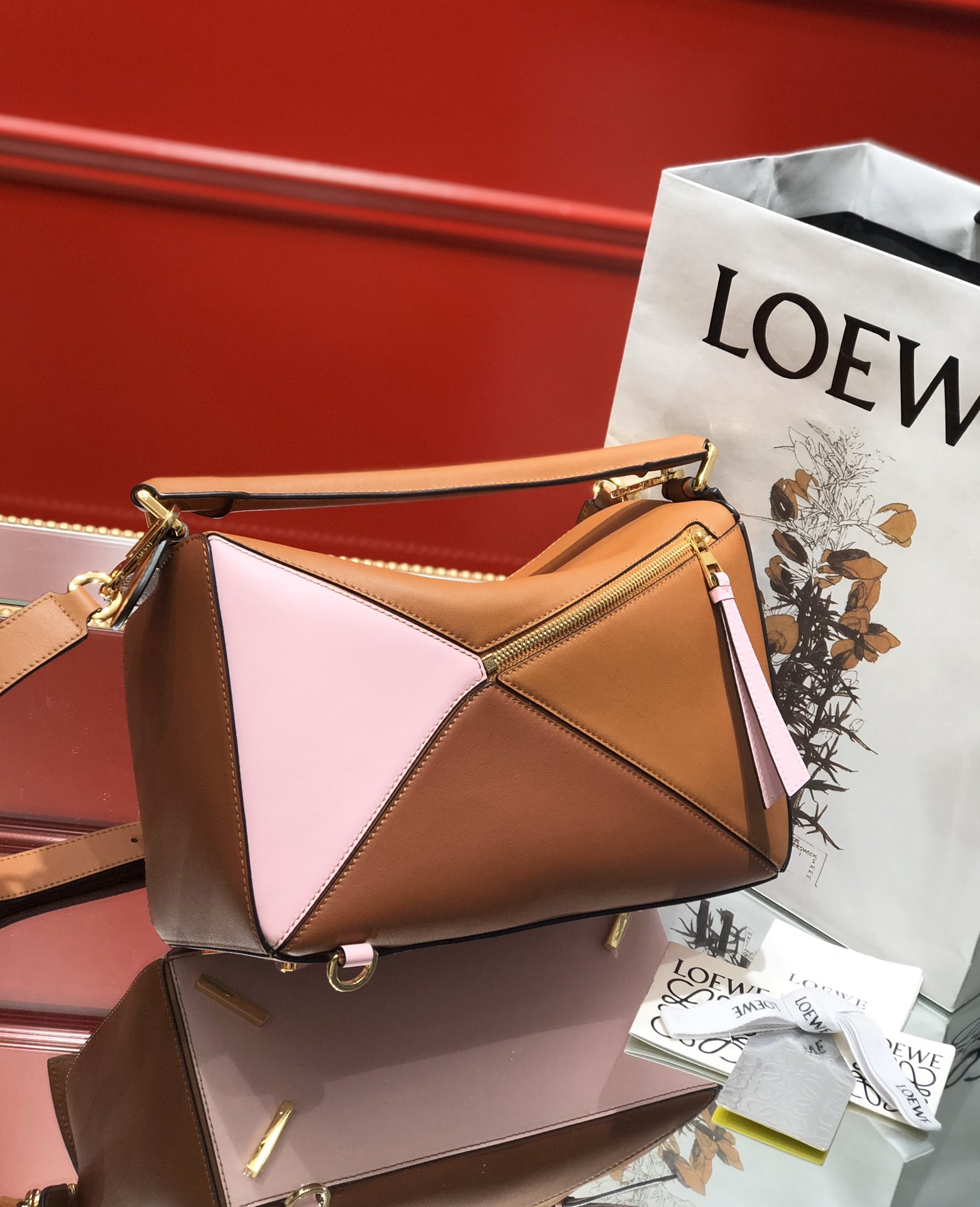L0ew* medium puzzle bag classic calfskin gold metal tan/brown 322.30js20 29 x 18 x 12 cm