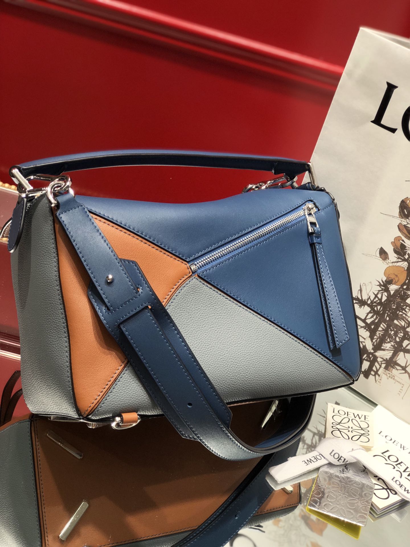 L0ew* medium puzzle bag classic calfskin palladium metal blue/orange a510s20x08 29 x 18 x 12 cm