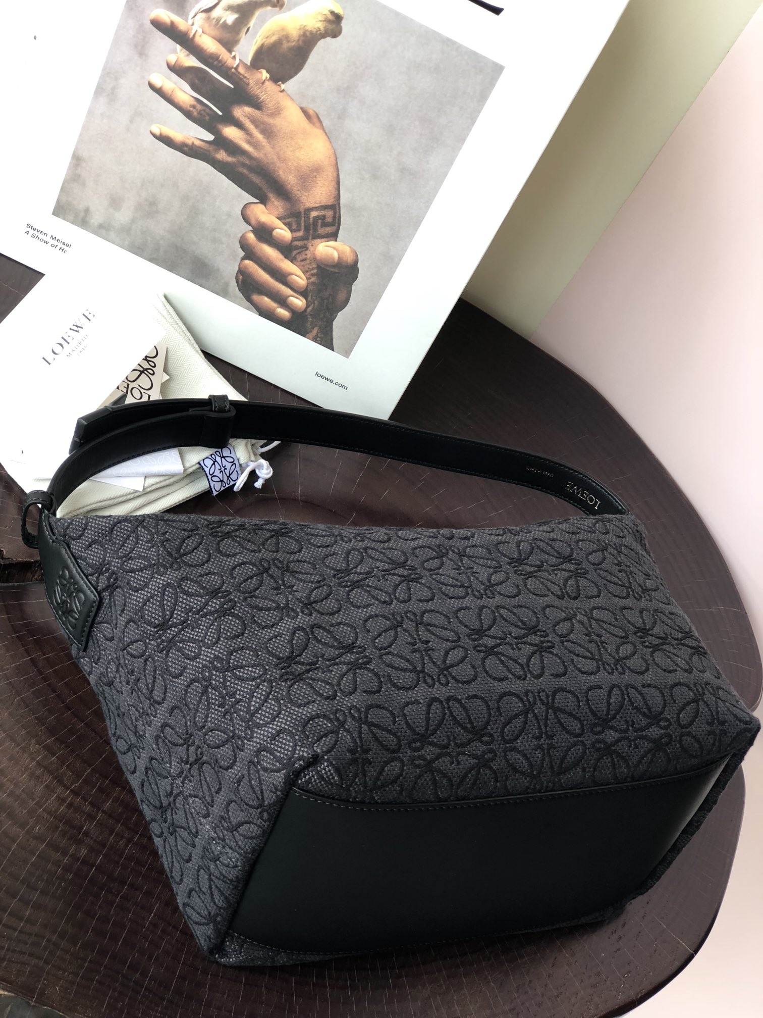 L0ew* medium cubi bag anagram jacquard and calfskin black a906k68x04 25 x 21 x 16.5 cm