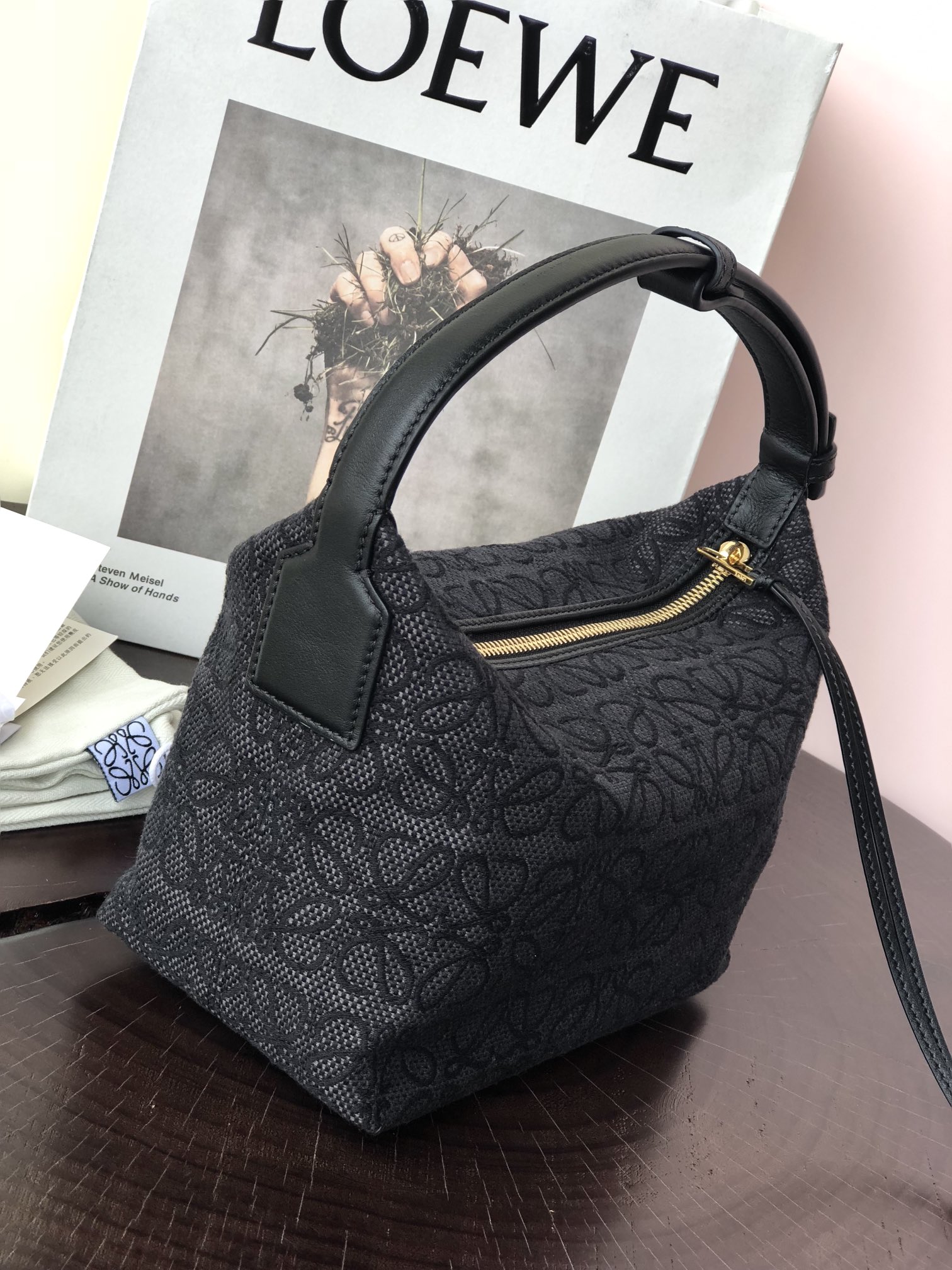 L0ew* small cubi bag anagram jacquard and calfskin black a906k75x04 21 x 12 x 17 cm