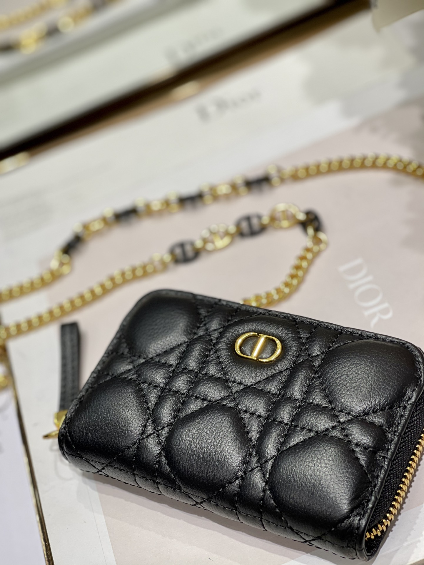 D10r mini caro zipped pouch cannage lambskin black s5087 12 x 8.5 cm