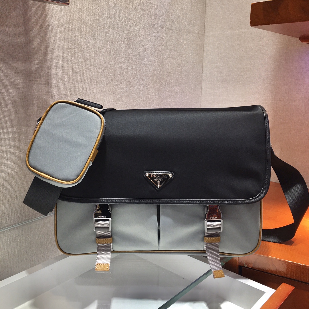 Pra*a re-nylon and saffiano leather shoulder bag gray 2vd768 32 x 24 x 12 cm