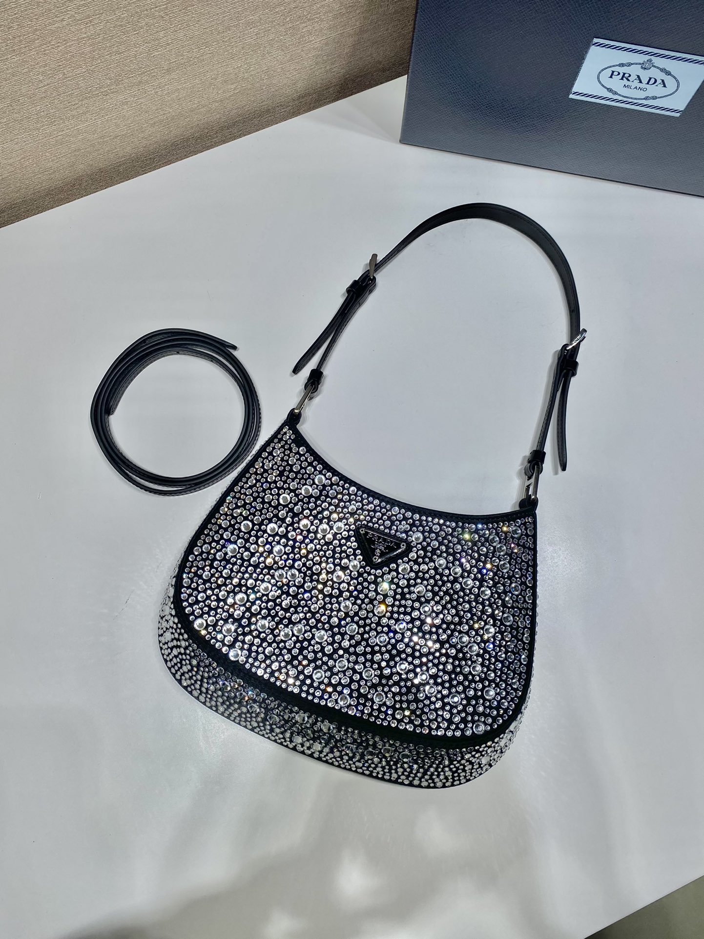 Pra*a cleo satin bag with appliqués black 1bc169 22 x 18.5 x 4.5 cm