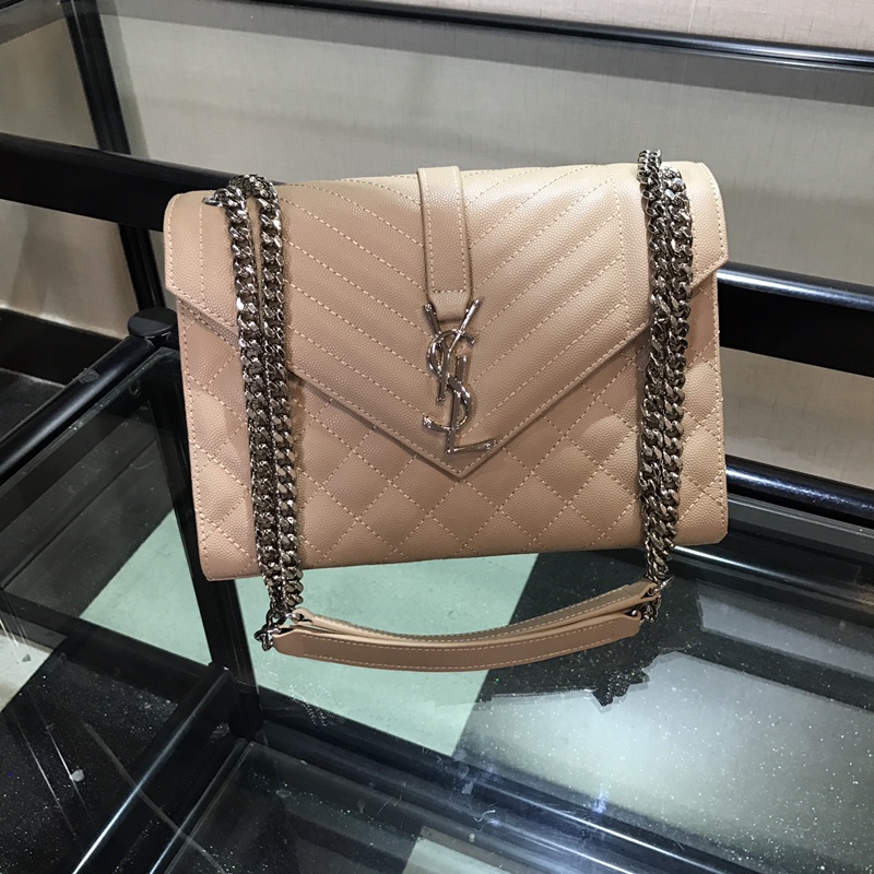 Y51 envelope medium bag in grained leather silver metal beige 600185 24 x 7.5 x 18 cm