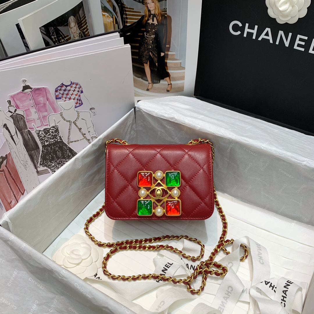 Ch**el small calfskin crystal pearls flap bag red as2251 14.5 x 5 x 10.5 cm