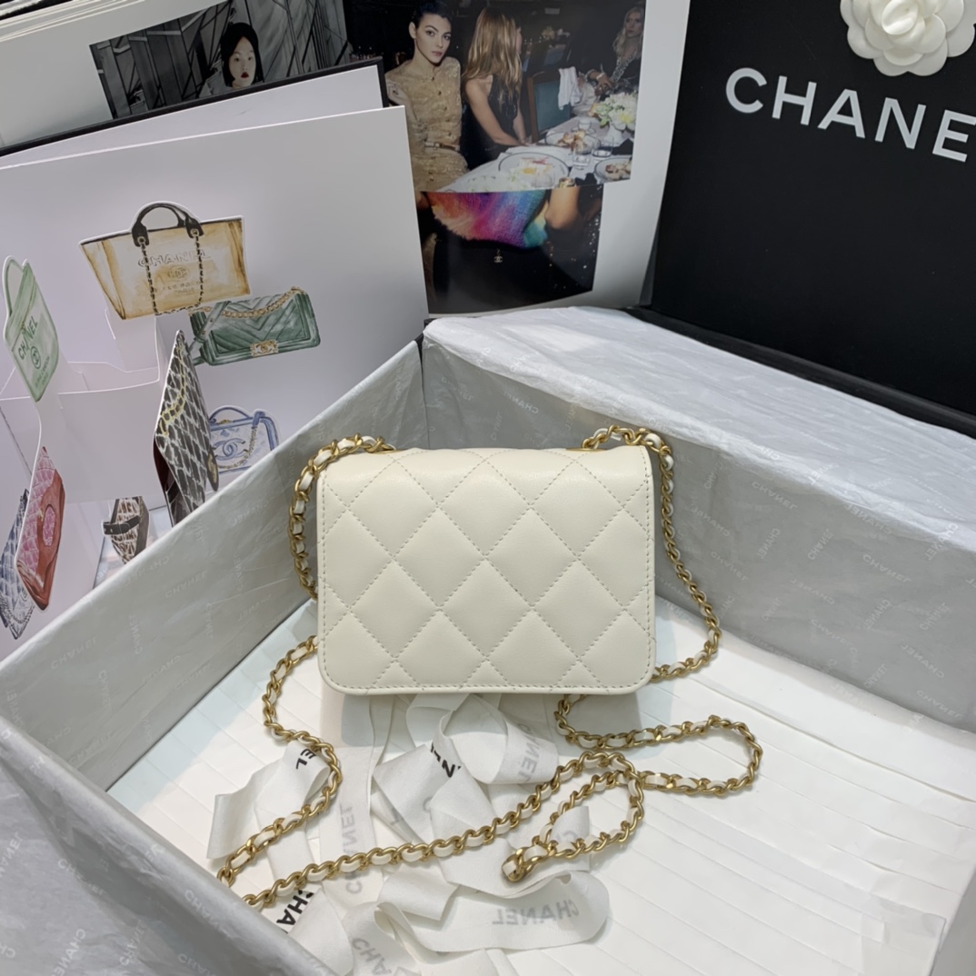 Ch**el small calfskin crystal pearls flap bag white as2251 14.5 x 5 x 10.5 cm