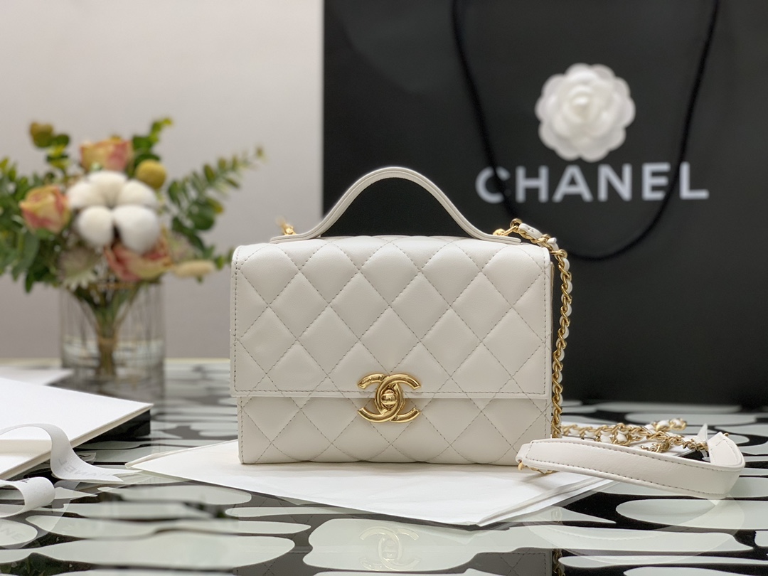 Ch**el mini flap bag handle lambskin & gold metal white as2796 12.5 x 17.5 x 5.5 cm