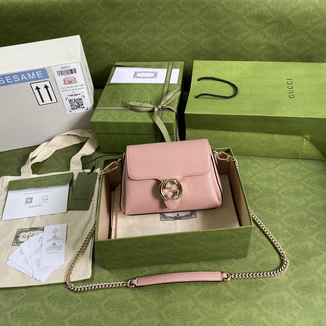 Gvc*1 interlocking g leather crossbody bag pink 607720 22 x 15 x 7 cm