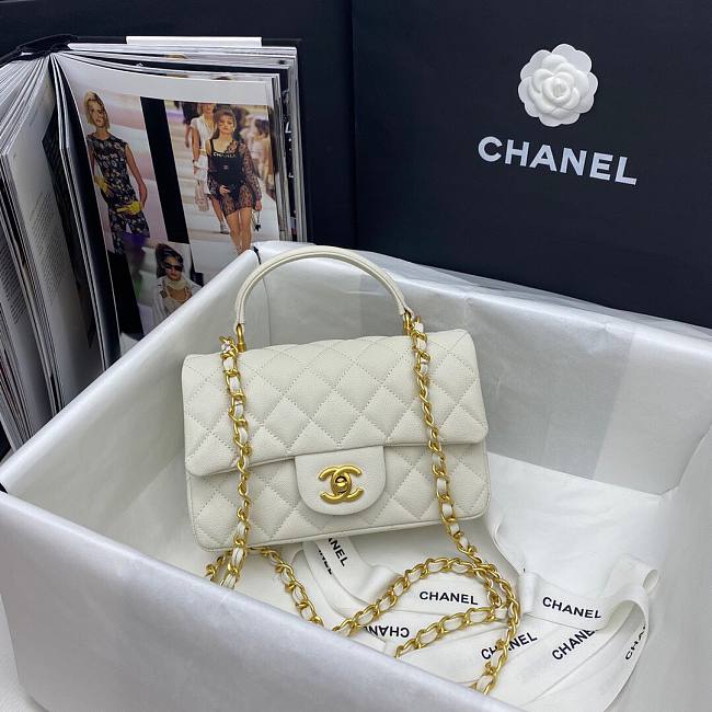 Ch**el mini flap bag with top handle grained calfskin white as2431 20 x 14 x 7 cm