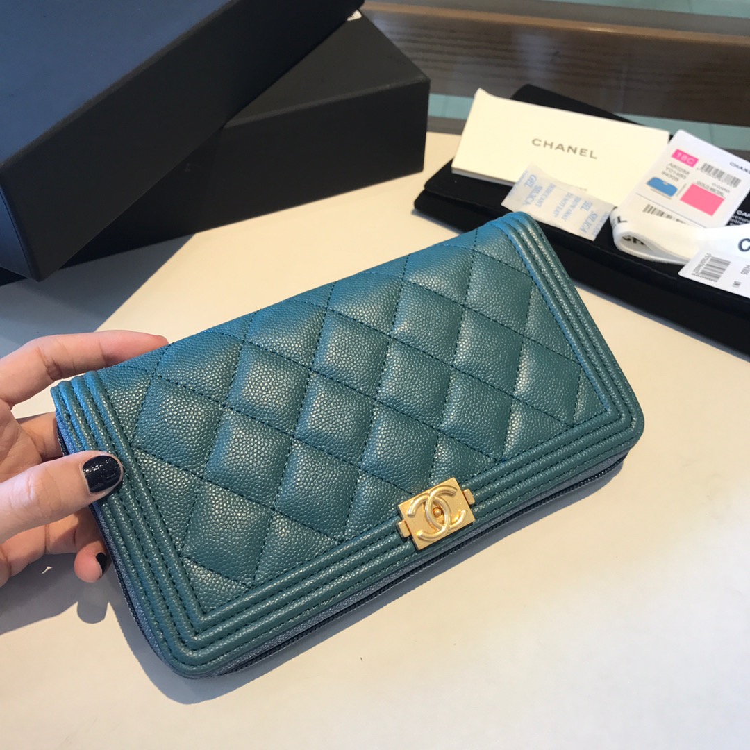 Ch**el boy long zipped wallet grained leather teal a80815 19cm