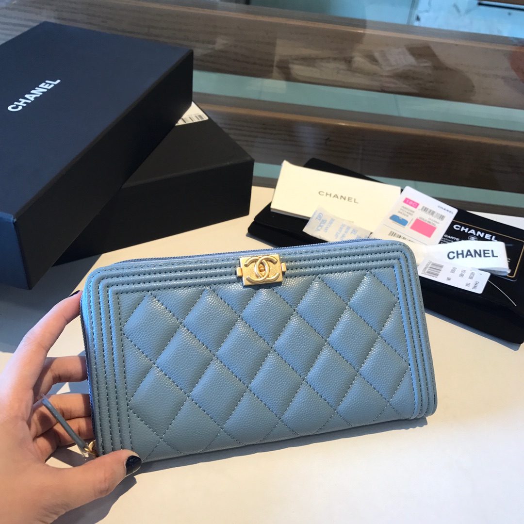 Ch**el boy long zipped wallet grained leather sky blue a80815 19cm