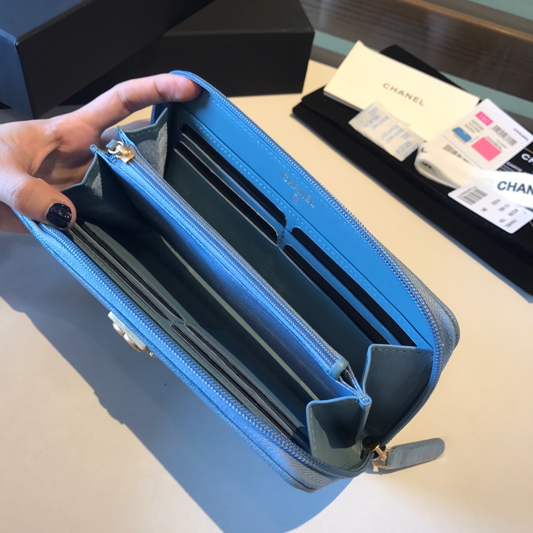 Ch**el boy long zipped wallet grained leather sky blue a80815 19cm