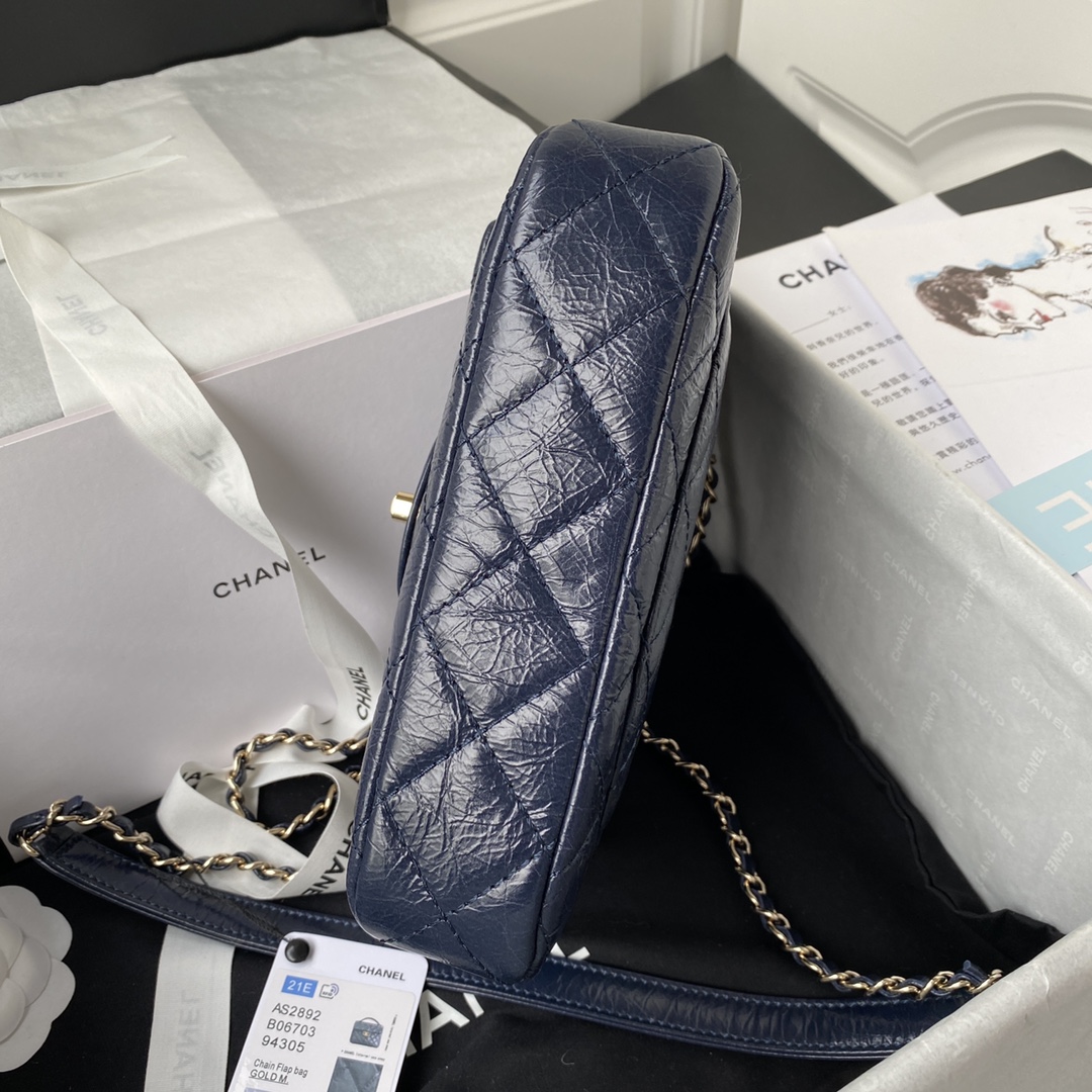 Ch**el mini flap bag with top handle crumpled leather navy blue as2892 20 x 15 x 6.5 cm