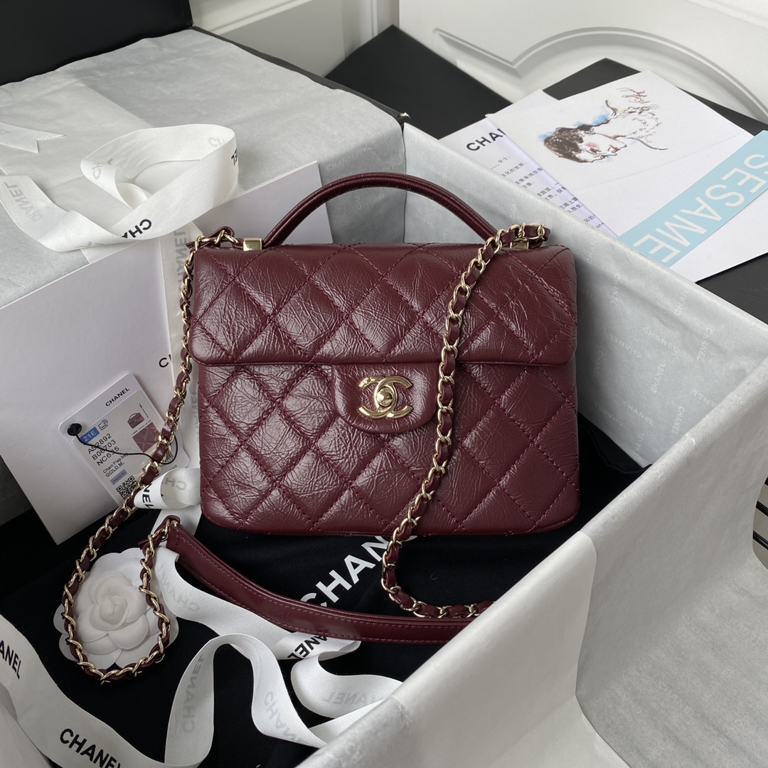 Ch**el mini flap bag with top handle crumpled leather red as2892 20 x 15 x 6.5 cm