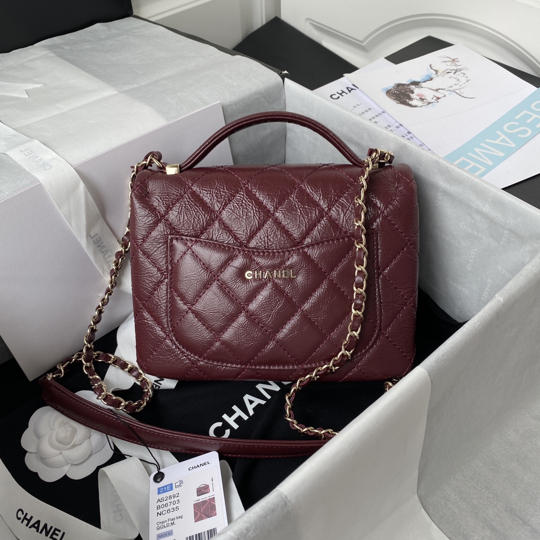 Ch**el mini flap bag with top handle crumpled leather red as2892 20 x 15 x 6.5 cm