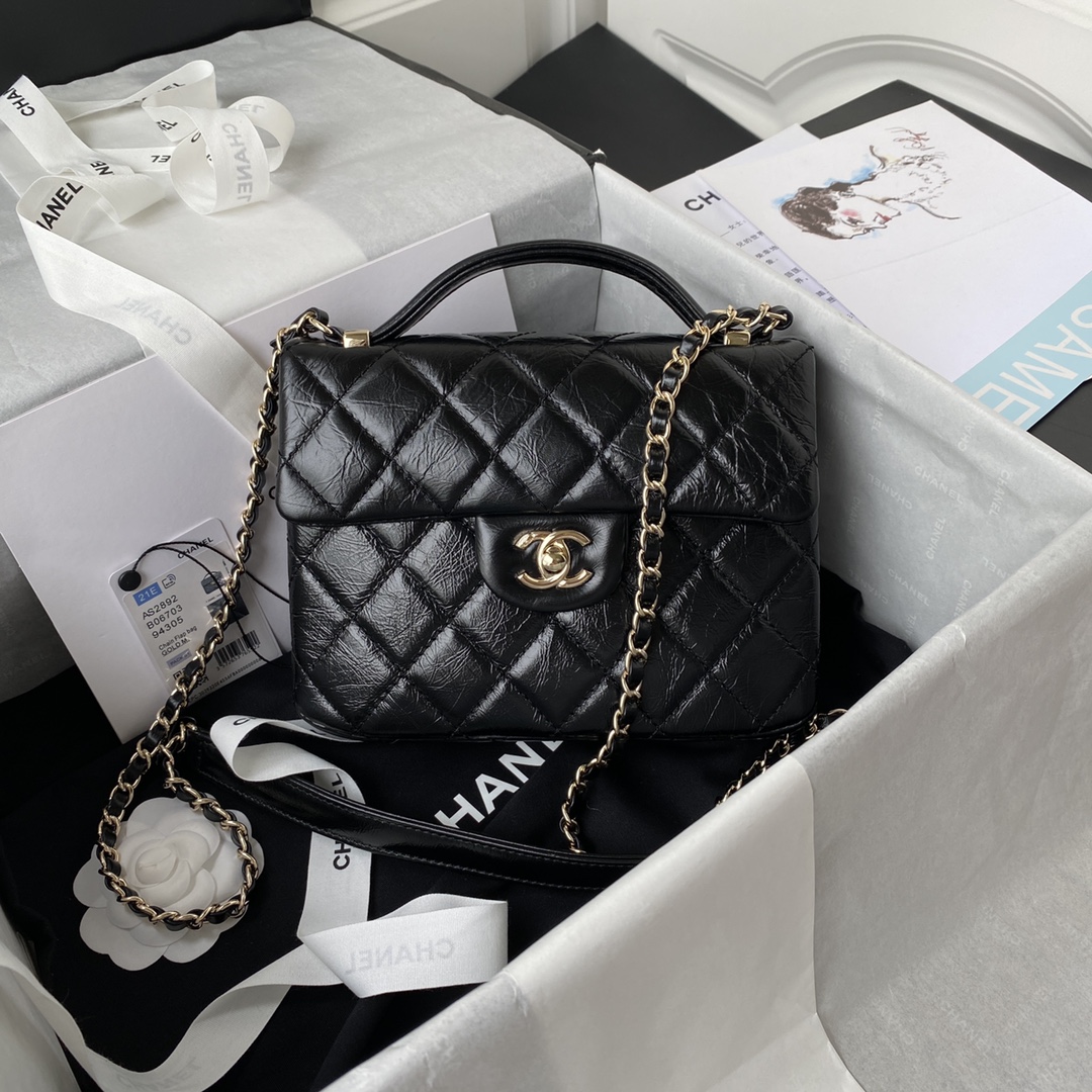 Ch**el mini flap bag with top handle crumpled leather black as2892 20 x 15 x 6.5 cm