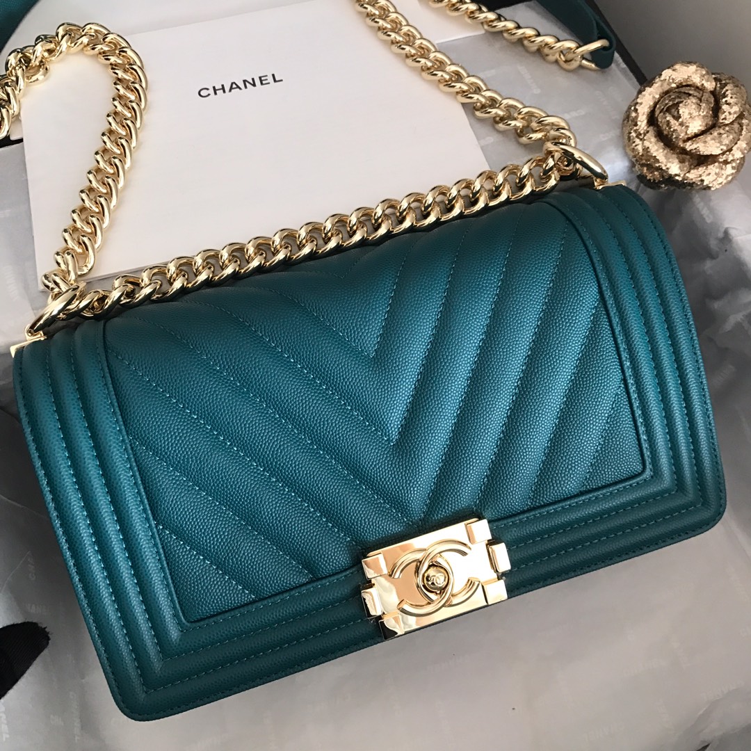 Ch**el medium boy bag chevron gold-tone metal grained leather teal a67086 25cm