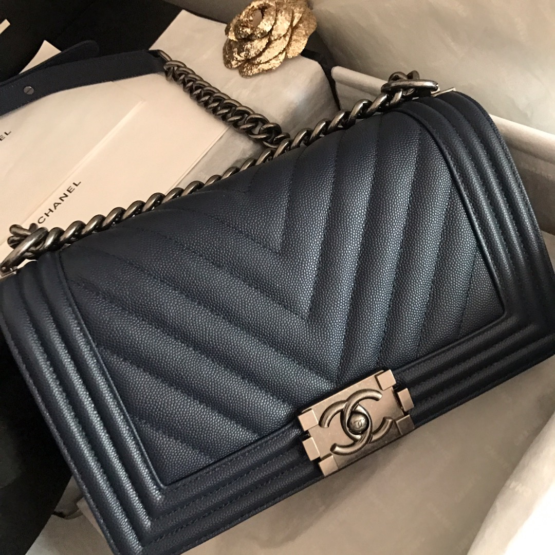 Ch**el medium boy bag chevron black-tone metal grained leather dark blue a67086 25cm