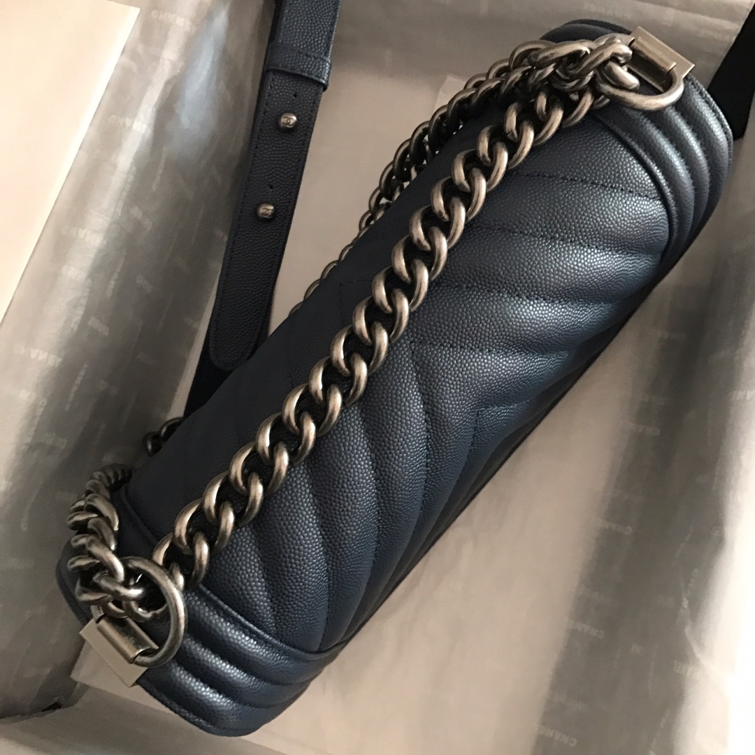 Ch**el medium boy bag chevron black-tone metal grained leather dark blue a67086 25cm