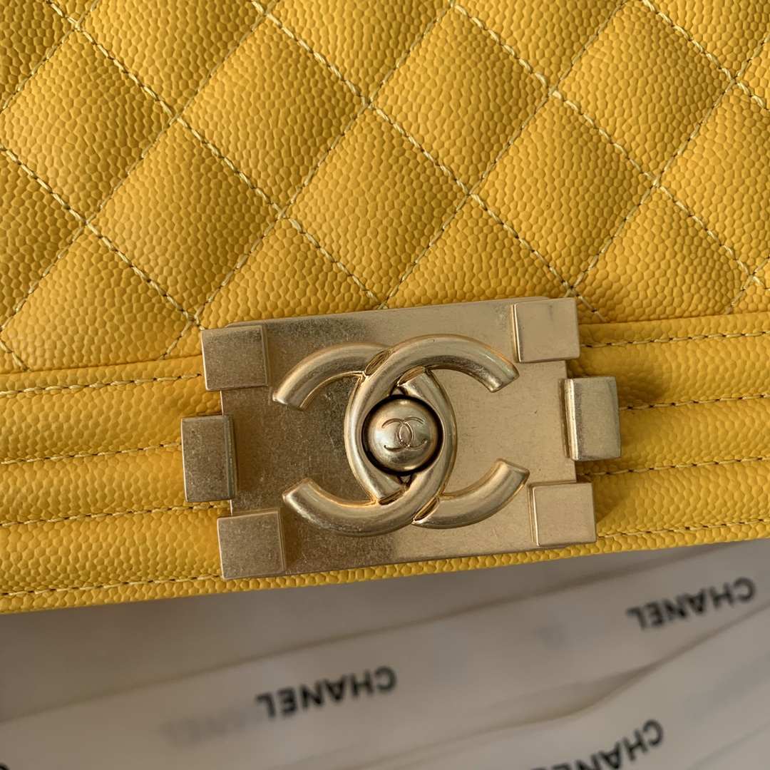 Ch**el medium boy bag classic gold-tone metal grained leather mustard yellow a67086 25cm