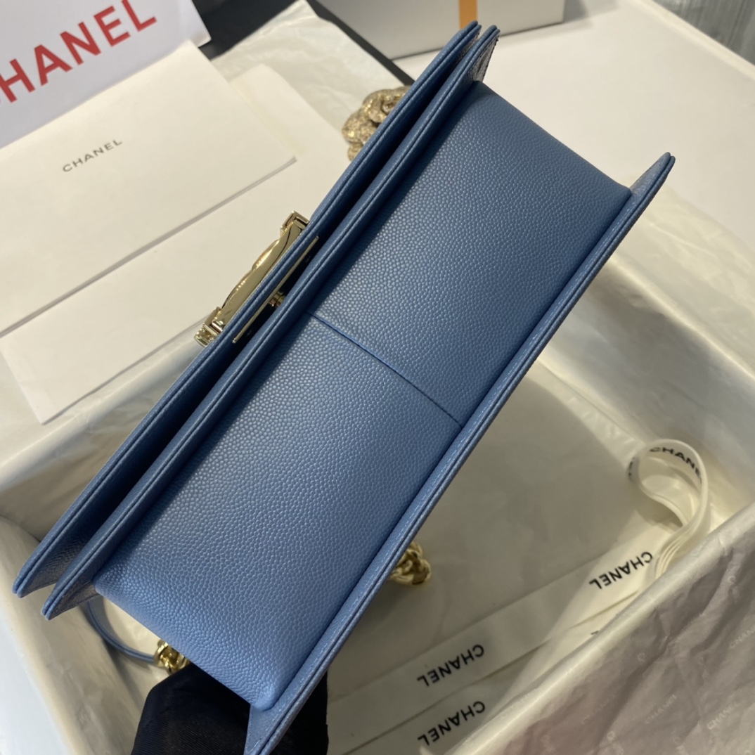 Ch**el medium boy bag classic gold-tone metal grained leather sky blue a67086 25cm