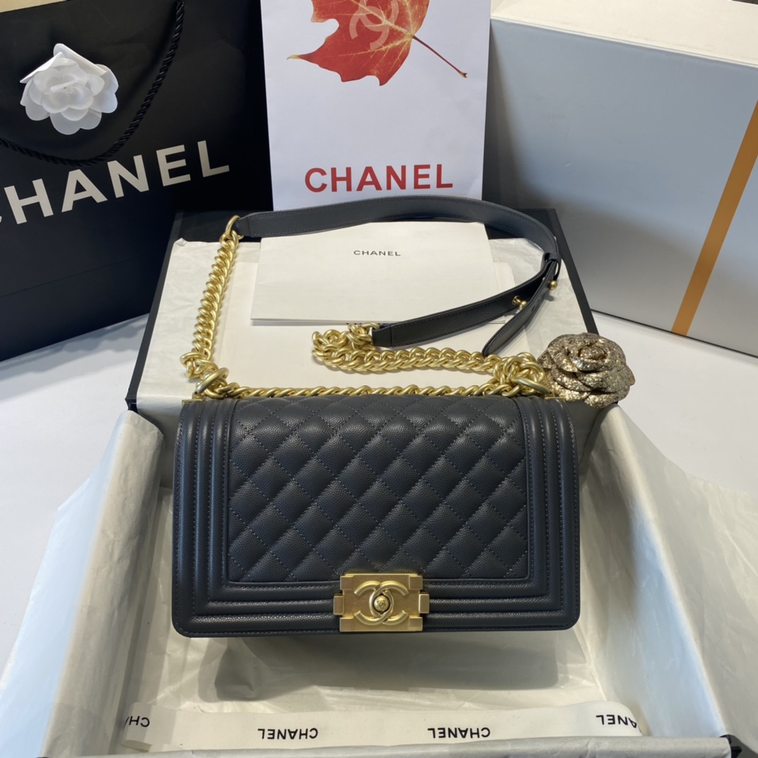 Ch**el medium boy bag classic gold-tone metal grained leather dark gray a67086 25cm