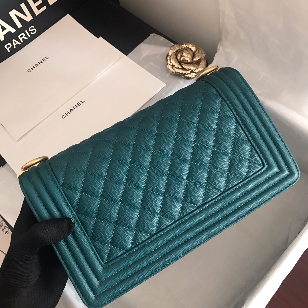 Ch**el medium boy bag classic gold-tone metal grained leather teal a67086 25cm