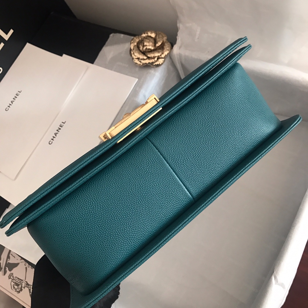 Ch**el medium boy bag classic gold-tone metal grained leather teal a67086 25cm