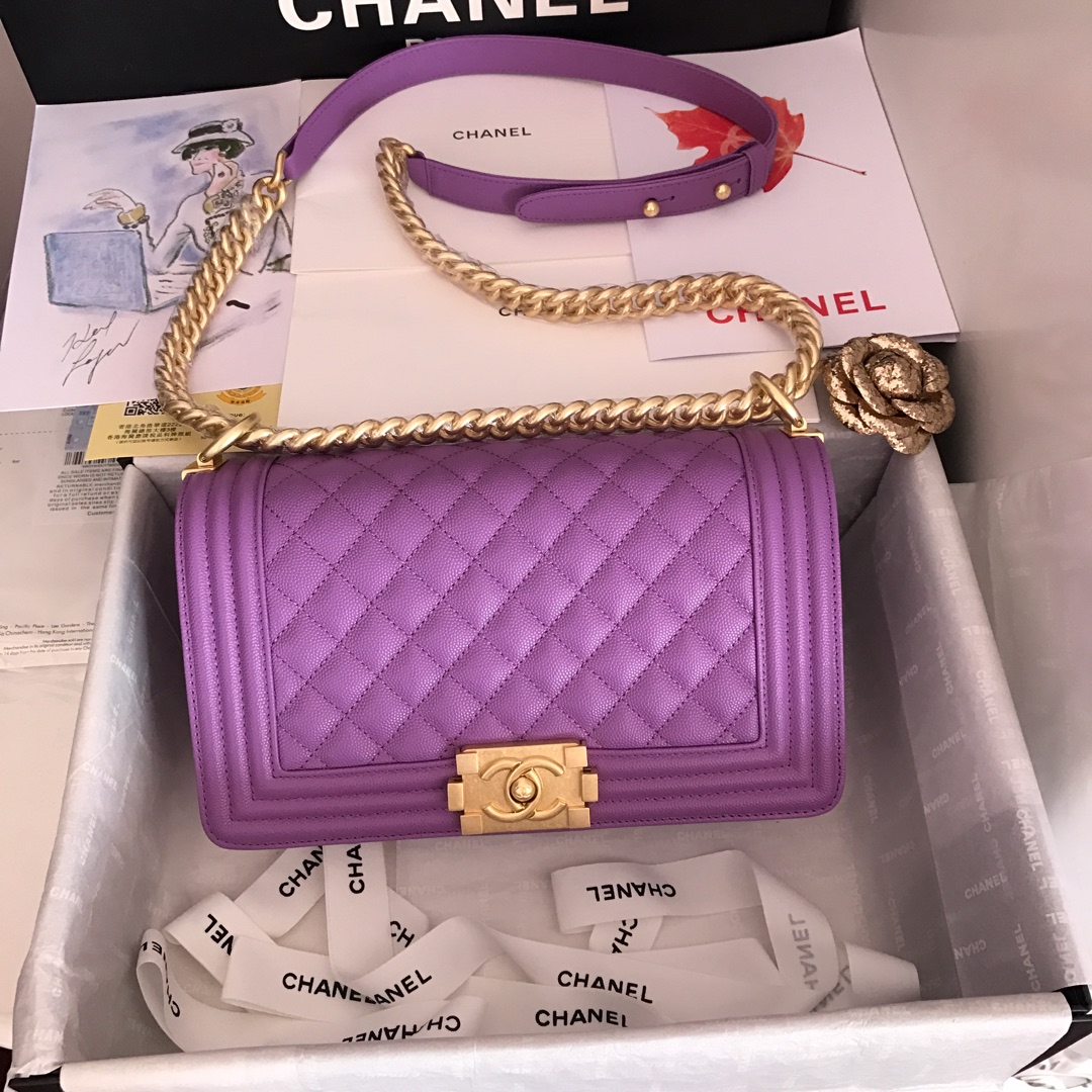 Ch**el medium boy bag classic gold-tone metal grained leather light purple a67086 25cm