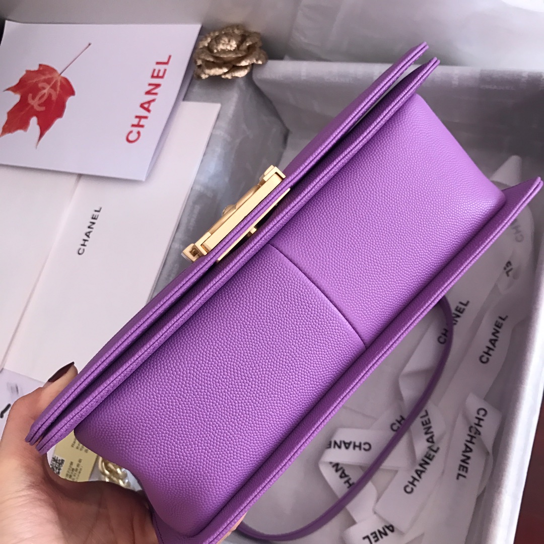 Ch**el medium boy bag classic gold-tone metal grained leather light purple a67086 25cm