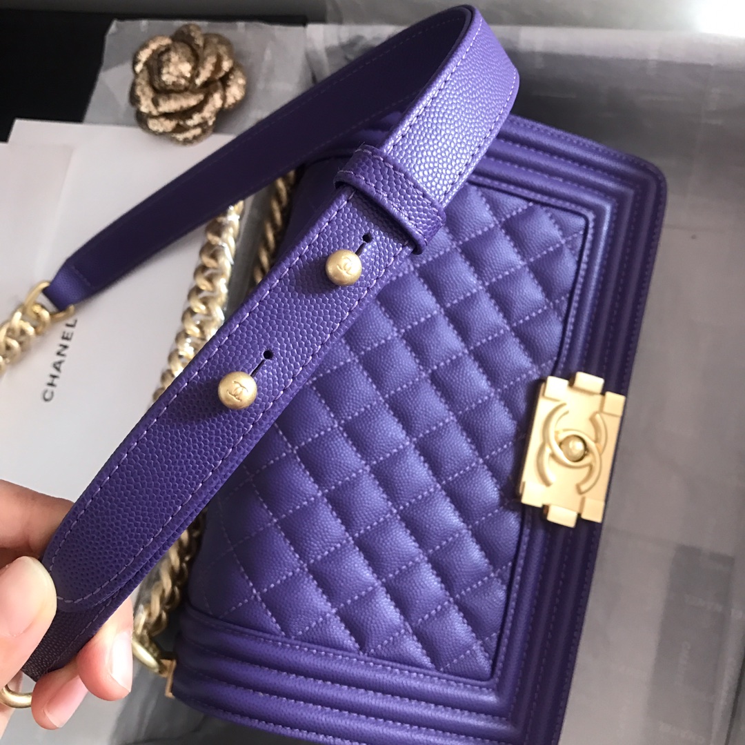 Ch**el medium boy bag classic gold-tone metal grained leather purple a67086 25cm