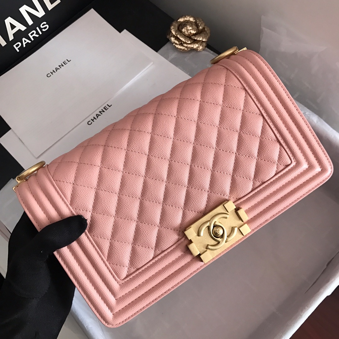 Ch**el medium boy bag classic gold-tone metal grained leather pink a67086 25cm