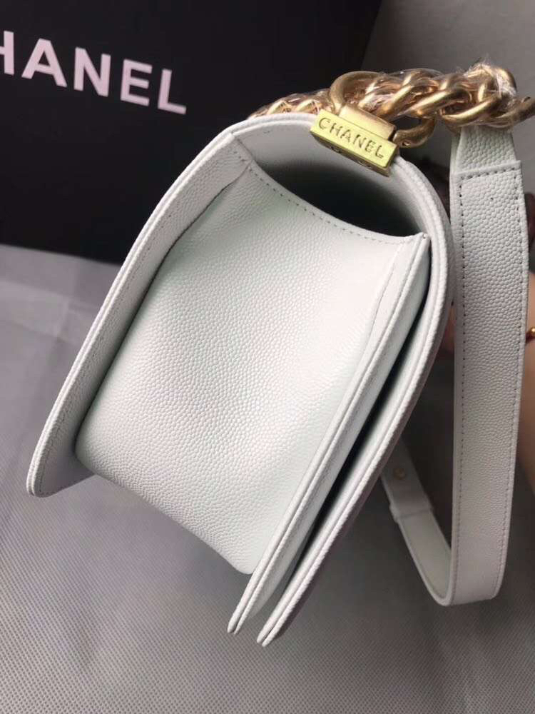 Ch**el medium boy bag classic gold-tone metal grained leather white a67086 25cm