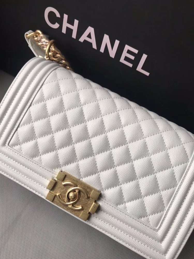 Ch**el medium boy bag classic gold-tone metal grained leather white a67086 25cm