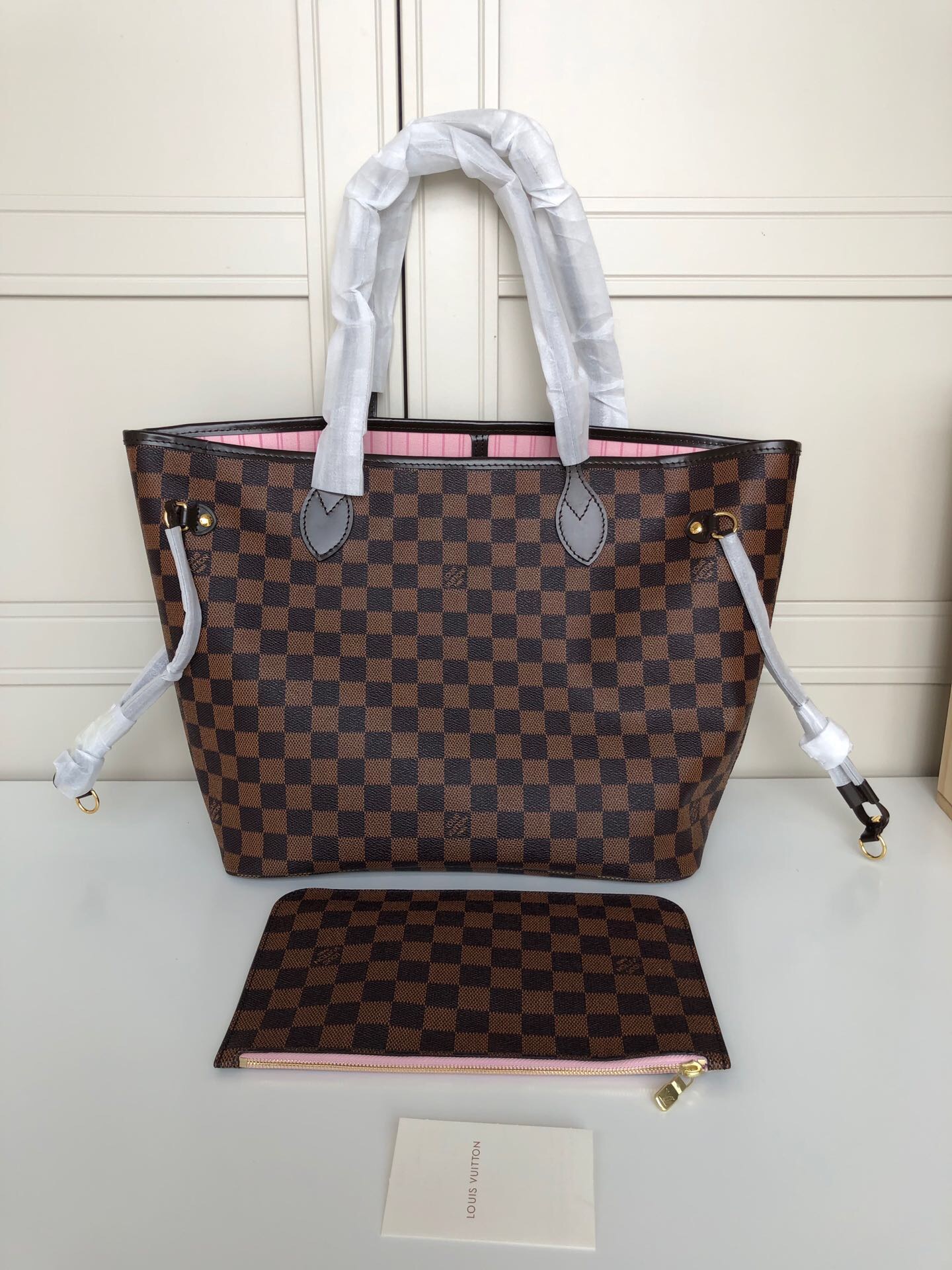 LV Neverfull shopping MM bag black check powder 32CM