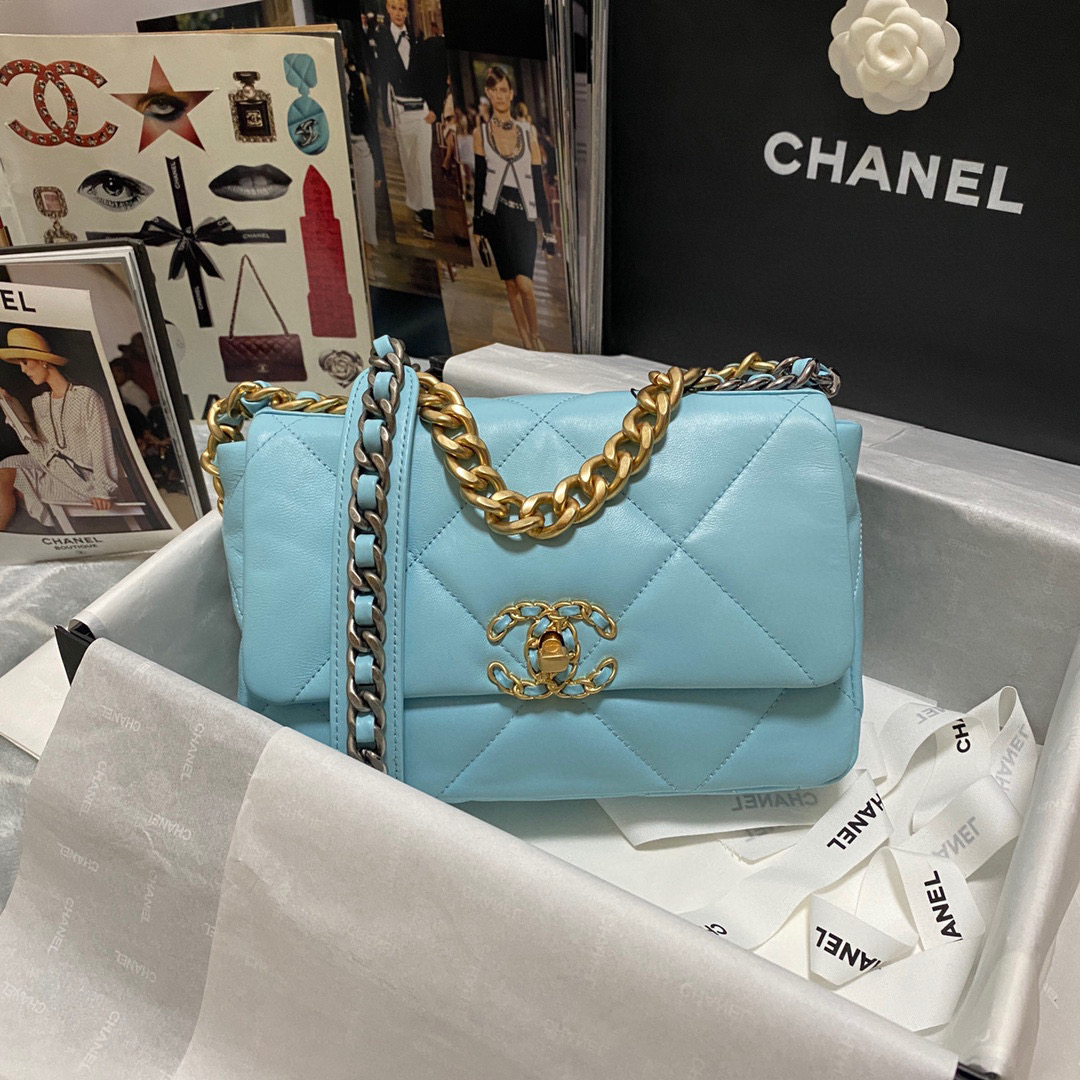 Ch**el 19 calfskin in blue-26×16×9cm